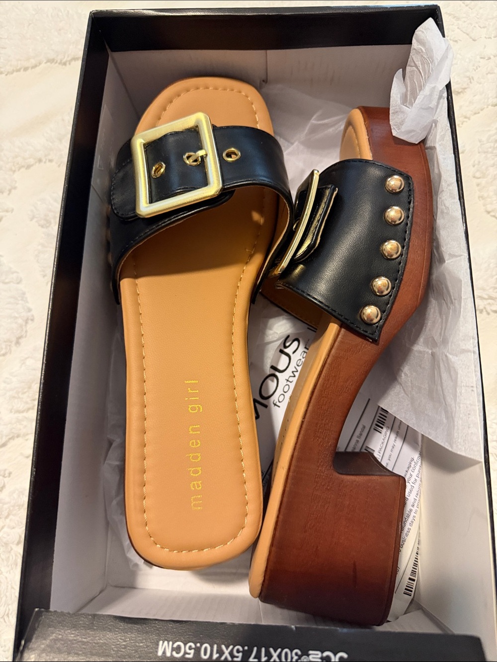 Madden Girl Black Leather Buckle & Stud Block Heel Mules